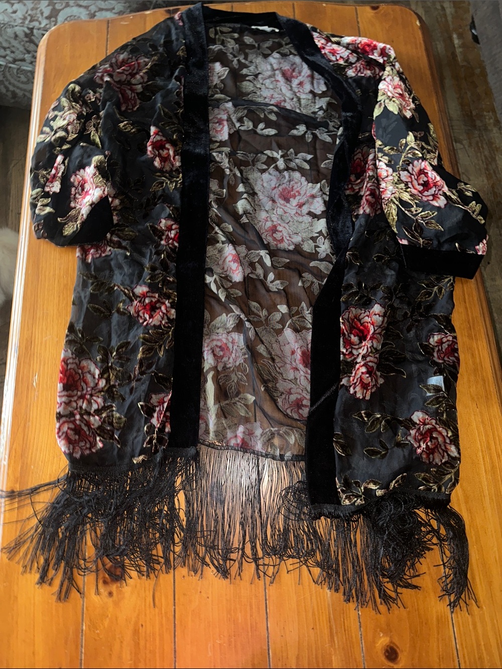 New York & Company Black Sheer Floral Velvet Burnout Kimono with Fringe